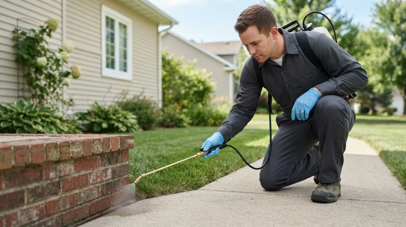 Pest control technician treating a home near Gamaliel, AR